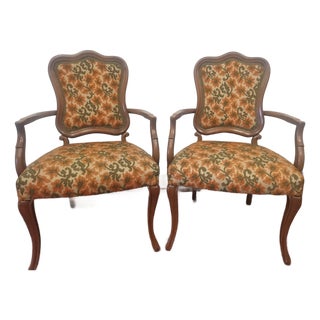 Set of 2 Pair 70s Green Orange Floral Living Room Arm Chairs Accent Wood Upholstered For Sale
