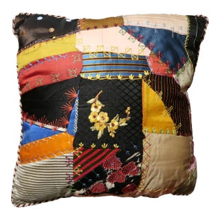 1870s Crazy Quilt Pillow 18 Inches 1 For Sale