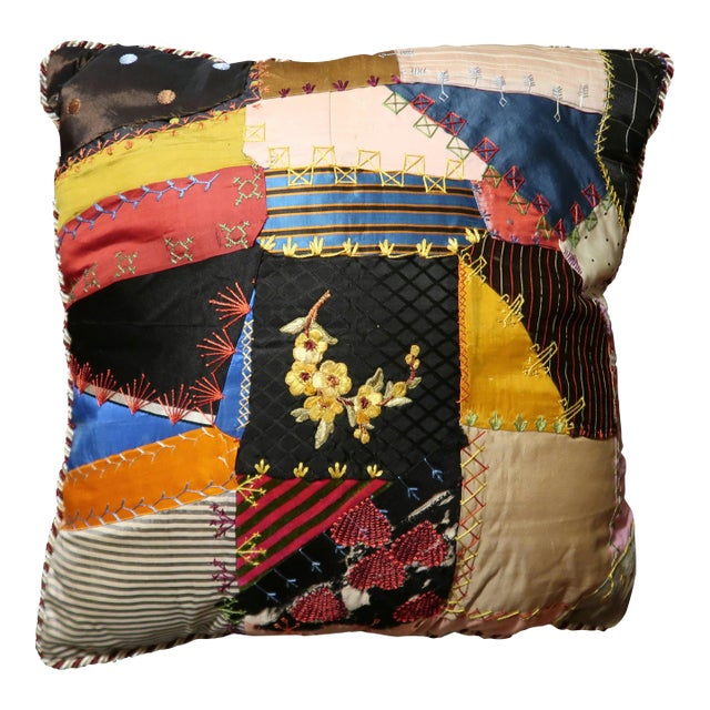 1870s Crazy Quilt Pillow 18 Inches 1 of 4 For Sale