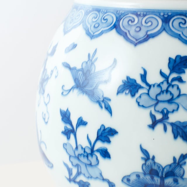 Mid 20th Century Blue and White Globular Vase with Butterflies and Floral Motifs For Sale - Image 5 of 7