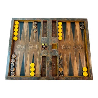 1940s Backgammon Rancho California Style Table Top Game Leather Bakelite Mica Case For Sale