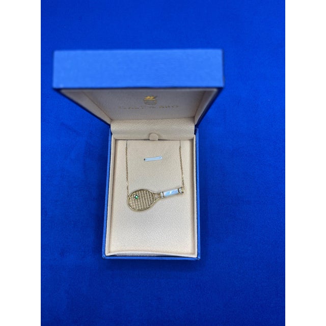 Early 21st Century Diamond White Pearl Emerald 18 Karat Gold Tennis Racket Charm Pendant Necklace For Sale - Image 5 of 17