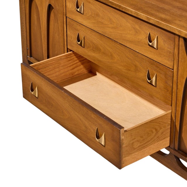 Brown Broyhill Brasilia Mid Century Walnut and Brass Credenza For Sale - Image 8 of 10