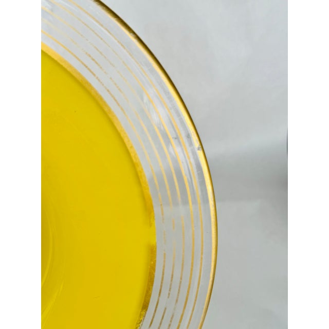Vintage Bohemian Czech Handblown Yellow Glass Vase With Painted Gold Rings and Wide Rim – Mid-Century Gilded Art Glass Centerpiece For Sale - Image 9 of 11
