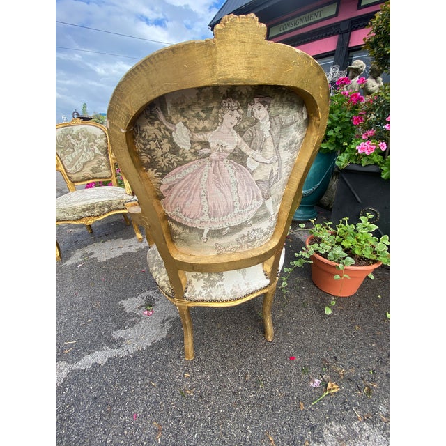 French Vintage French Louis XV Style Gold Giltwood Tapestry Arm Chairs- a Pair For Sale - Image 3 of 12