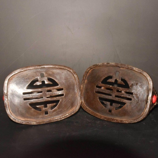 Asian Pair of Antique Bronze Stirrups With Dragon Motif and Gemstone Inlays, 1.6kg For Sale - Image 3 of 9