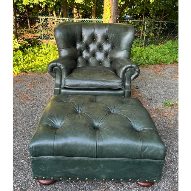 Ralph Lauren Writer’s Chair and Ottoman in Rare beautiful hunter/forest green leather. The chair is pictured in both cool...