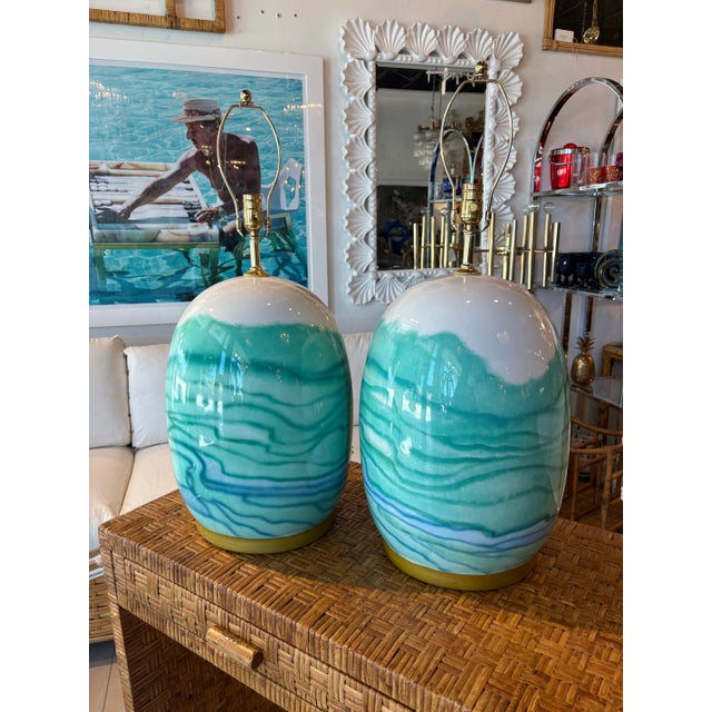 Metal Vintage Pair Ceramic Watercolor Blue Green Modern Coastal Table Lamps Rewired For Sale - Image 7 of 12