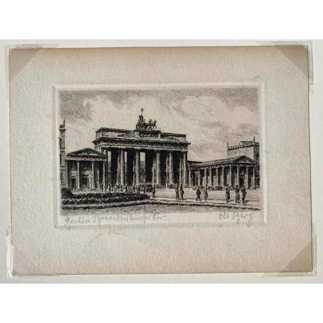Etching by De Berg of the Brandenburg Gate in Berlin. Pencil signed and titled.