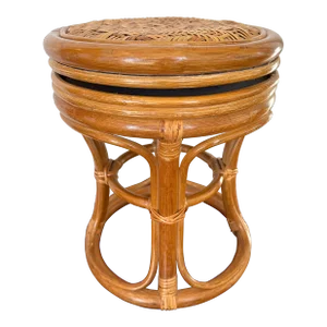Vintage Italian Round Rattan Bamboo and Cane Stool With Woven Top