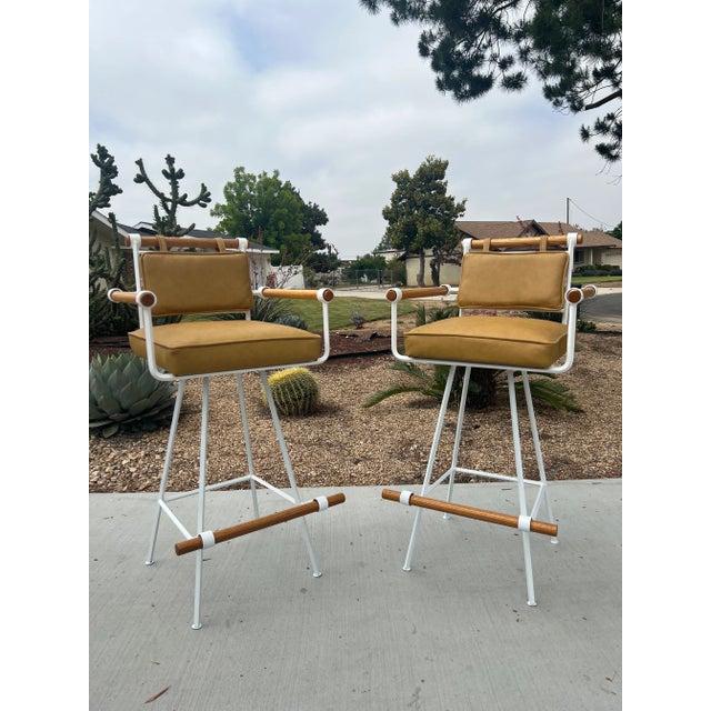 Mid-Century Modern 1960s Vintage Mid Century Modern Inca Attributed to Cleo Baldon Swivel Wrought Iron Oak Barstools - Set of 2 For Sale - Image 3 of 13