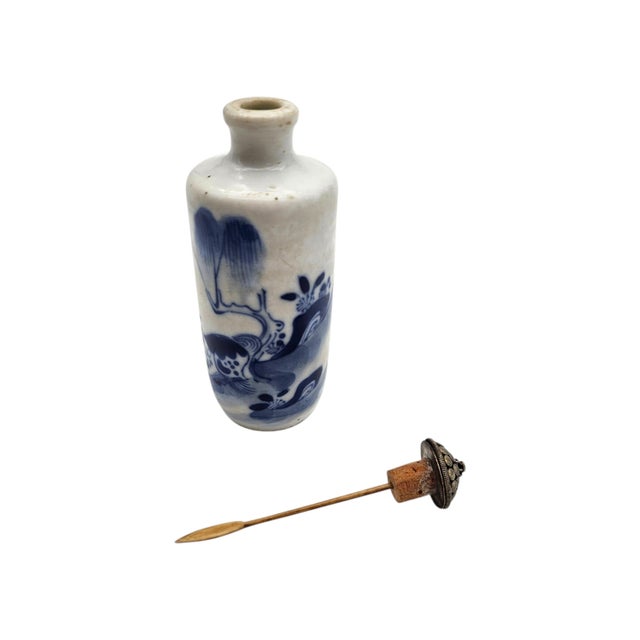 Blue Vintage Chinese Blue & White Porcelain Snuff Bottle With Stopper Spoon (3.375") For Sale - Image 8 of 14