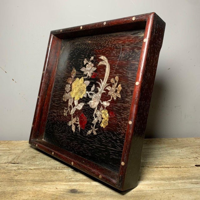 Black Vintage Chinese Zitan Wood Tea Tray | Mother-of-Pearl Inlaid Bird & Flower Motif For Sale - Image 8 of 9