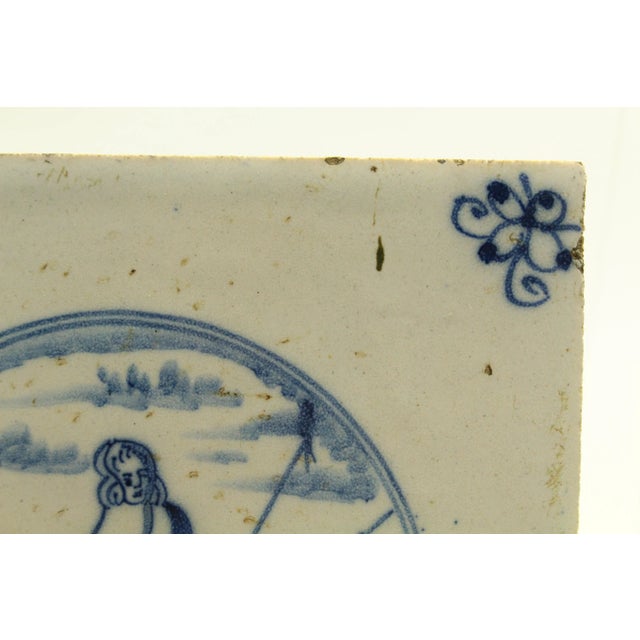 Ceramic Antique Dutch Delft Blue & White Tile Pastoral Landscape W Shepherdess For Sale - Image 7 of 12