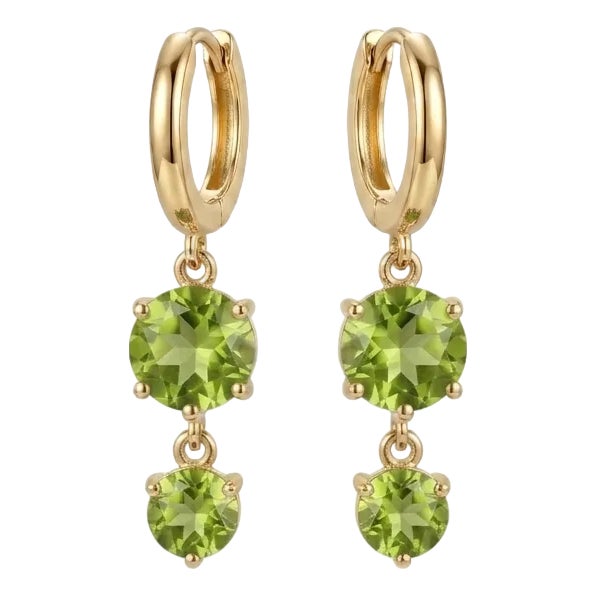 Peridot Graduated Double Drop 18k Gold Plated Huggies, August Birthstone Earrings - A Pair For Sale
