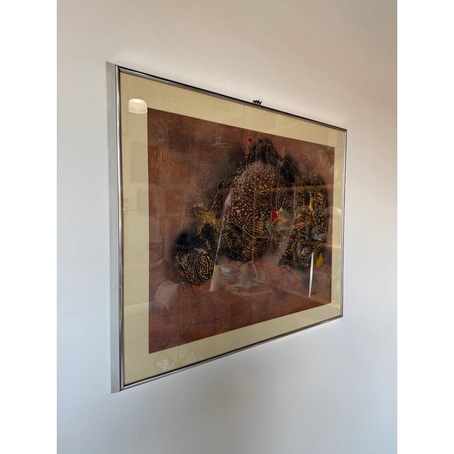 Original 1979 mixed media abstract painting by Mevarezilo titled “Cosmología Igneri #2.” This striking Expressionist...