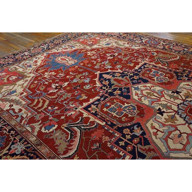Early 20th Century 1900s Red Ivory Medallion Antique n.w. Persian Serapi Rug 11'8" X 18'10" Handknotted Wool Carpet For Sale - Image 5 of 11