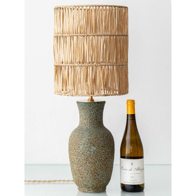 Mid-Century Modern French Pottery Table Lamp with Raffia Lampshade from Accolay Studio, 1950s For Sale - Image 4 of 13