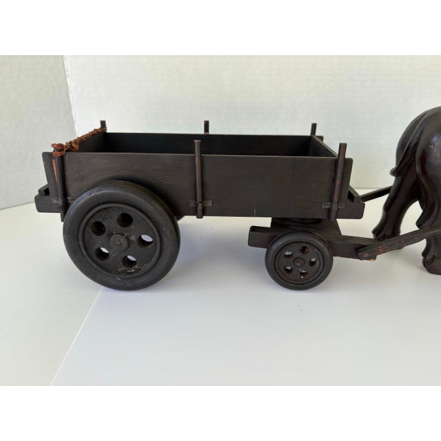 Wood Vintage Hand-Carved Water Buffalo With Wooden Wagon Cart – Folk Art Sculpture For Sale - Image 7 of 11