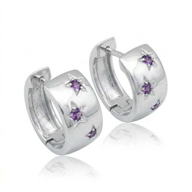 Contemporary Amethyst Star Hoop Earrings, Sterling Silver Huggie Hoops, Purple Gemstone Earrings, Birthstone Jewelry - A Pair For Sale - Image 3 of 4