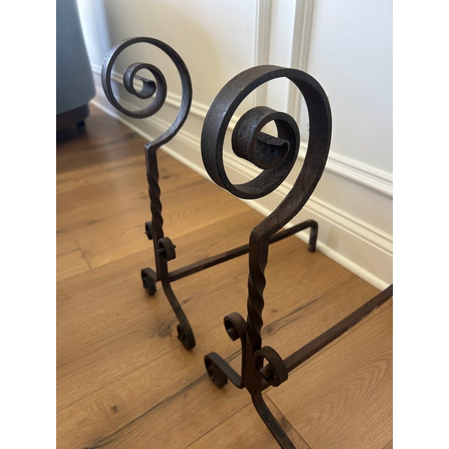 Rare 1800s Blacksmith Hand Forged Wrought Iron Andirons 20" Tall For Sale - Image 4 of 4