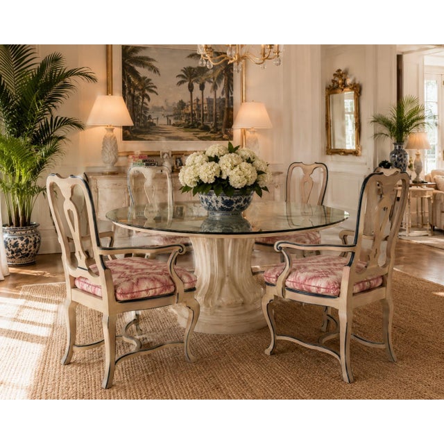 Charming set of five 1970s Palm Beach–style dining chairs featuring elegant Queen Anne–inspired silhouettes, carved wood...