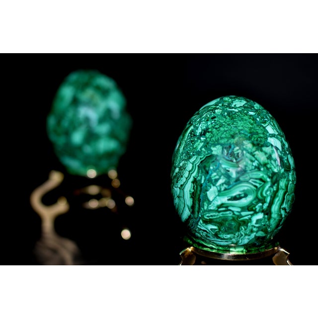 Gemstone Malachite Eggs on Brass Stand Set of 2 For Sale - Image 7 of 15