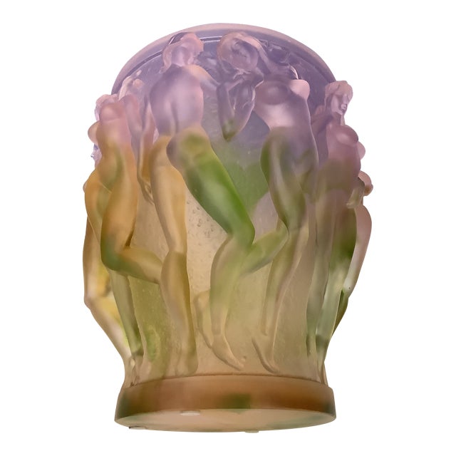 1950s Vintage XL Crystal Heavy Glass Art Vase, Green Pink Ombré Naked Ladies For Sale