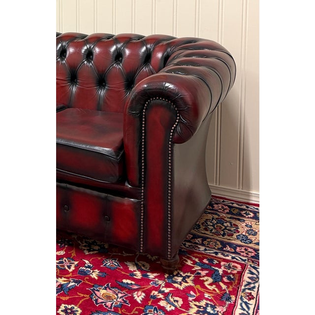 Vintage English Chesterfield Leather Tufted Sofa Oxblood Red Mid Century For Sale - Image 11 of 18