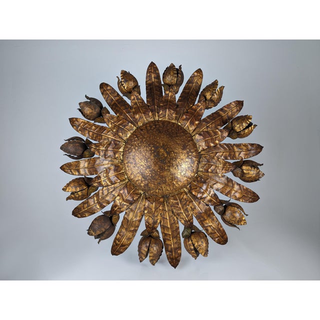Large Mid-Century Gilt Metal Sunburst Ceiling Lamp with Floral Motif, 1950s For Sale - Image 6 of 14