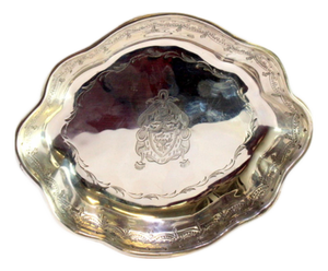Lobolar-Shaped Silver Tray with East India Company Symbol and Engraved Garlands