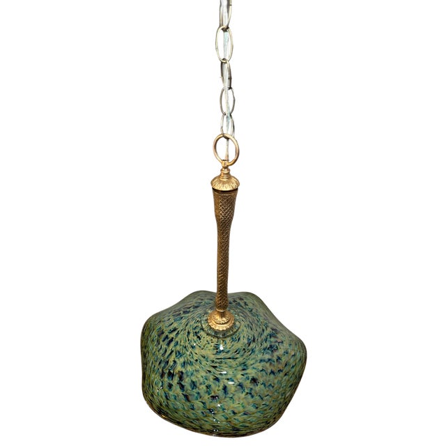 Ruffled Swirled Multicolor Green Art Glass and Brass Tone Pendant Light Signed R. Mynatt For Sale - Image 12 of 18