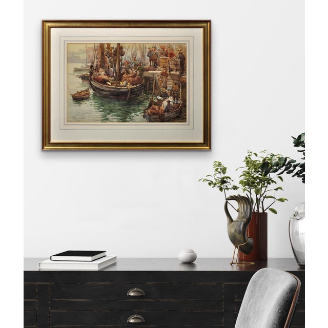 Frances Emily Nesbitt, A Moray Firth Zulu Fishing Boat Unloading Herring in Whitby, 1893, Watercolor, Framed For Sale - Image 12 of 18