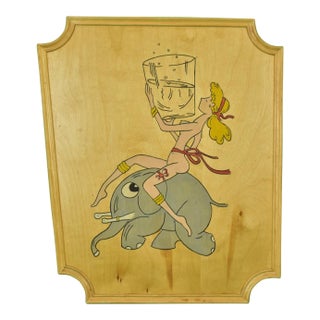 Mid 20th Century Hand-Painted Naked Lady Astride Cocktail Elephant on Oak Plaque For Sale