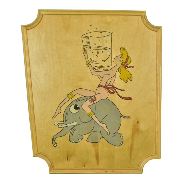 Mid 20th Century Hand-Painted Naked Lady Astride Cocktail Elephant on Oak Plaque For Sale