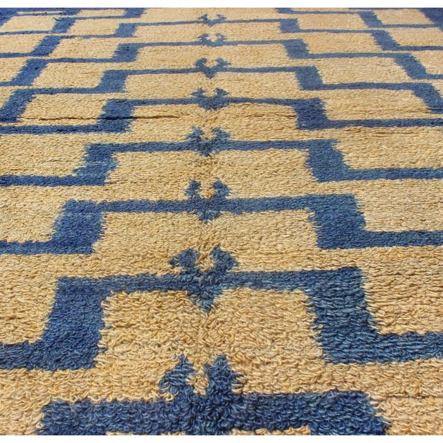 Mid-Century Modern Tulu Turkish Carpet with Tribal Pattern in Blue and Soft Gold. Measures:4'5 x 6'4 Vintage Turkish Tulu...