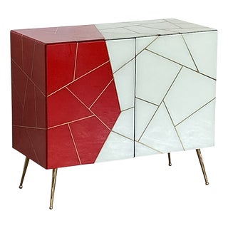 Dresser with Two Wooden Doors in Red and White Glass, 1980s For Sale
