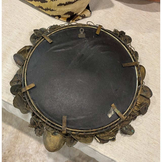 Vintage Coastal Palm Beach Style / Dresden Style Patinated Brass Seashell Mirror For Sale - Image 11 of 13