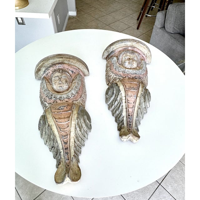 Pair Spanish Colonial Wood Polychrome Cherub Corbel Wall Brackets For Sale In Palm Springs - Image 6 of 17