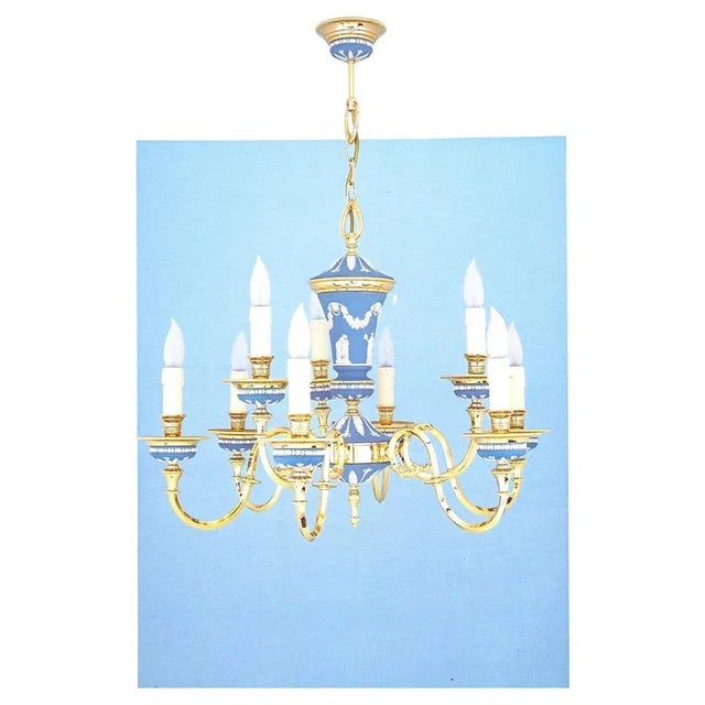 1970s Hollywood Regency Blue Porcelain and Brass 9-Light Chandelier, Italy, 1970s For Sale - Image 5 of 5