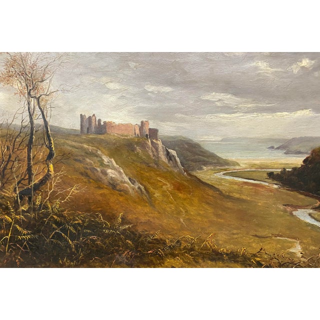 W. W. Goddard 19th Century Painting of Castle Ruins Oil on canvas of scene in Swansea, Wales England. A few past...
