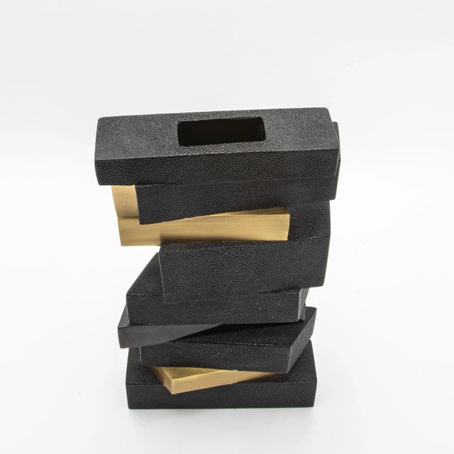 Modern Vase in Black Shagreen With Shell and Brass Details by Kifu Paris For Sale In Los Angeles - Image 6 of 6