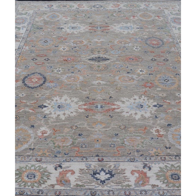 Early 21st Century Modern Oushak Rug by Keivan Woven Arts, Muted Greens & Florals 9'0 X 12'4 For Sale - Image 5 of 15