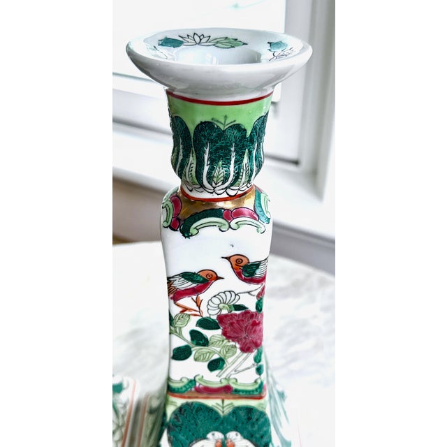 Vintage Chinese Famille Verte Bok Choy Porcelain Candlestick Holders - A Pair For Sale - Image 9 of 14