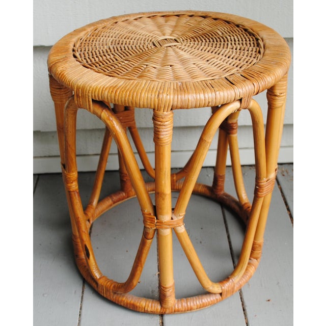 Mid Century Small Round Drum Bamboo Wicker Top Accent Table For Sale - Image 6 of 8