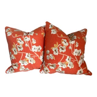 Pair of Custom Made Orange Cherry Blossom Accent Pillows With Feather Inserts For Sale