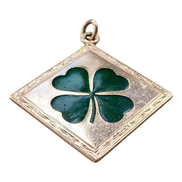 Antique 14k Rose Gold Enamel Four Leaf Clover Charm Pendant For Sale - Image 4 of 8