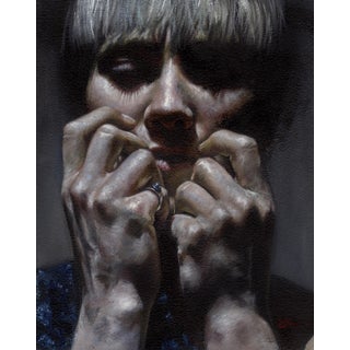 Closing Statements by Daire Lynch | Oil on Arches paper Portrait of a person with hands gripping their face. For Sale