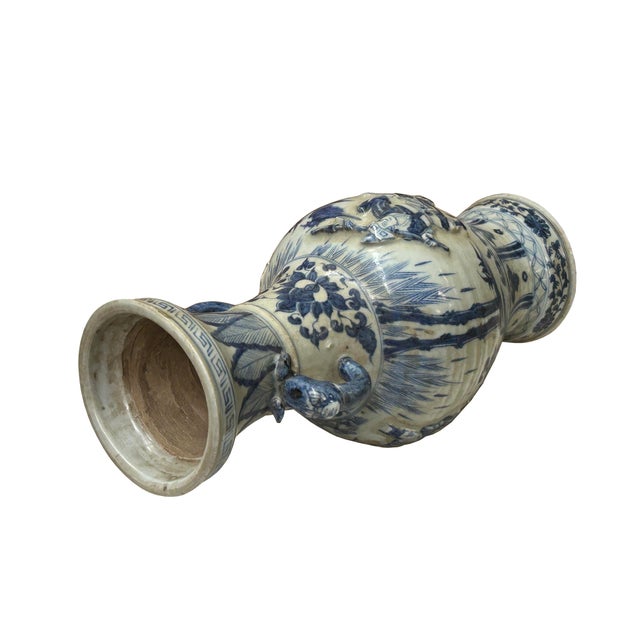 1970s Oriental Distressed White Blue Relief People Motif Porcelain Art Vase For Sale - Image 5 of 15