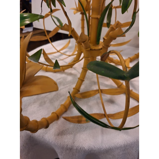 1950's French Faux Bamboo Tole Palm Tree 5 Arm Chandelier For Sale In Boston - Image 6 of 12
